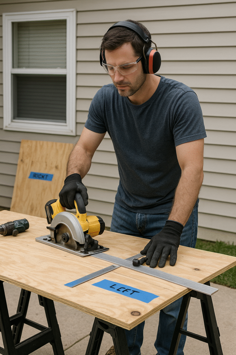 Homeowner cutting plywood on sawhorses with straightedge; safety glasses and earmuffs visible. DIY Hurricane Window Protection