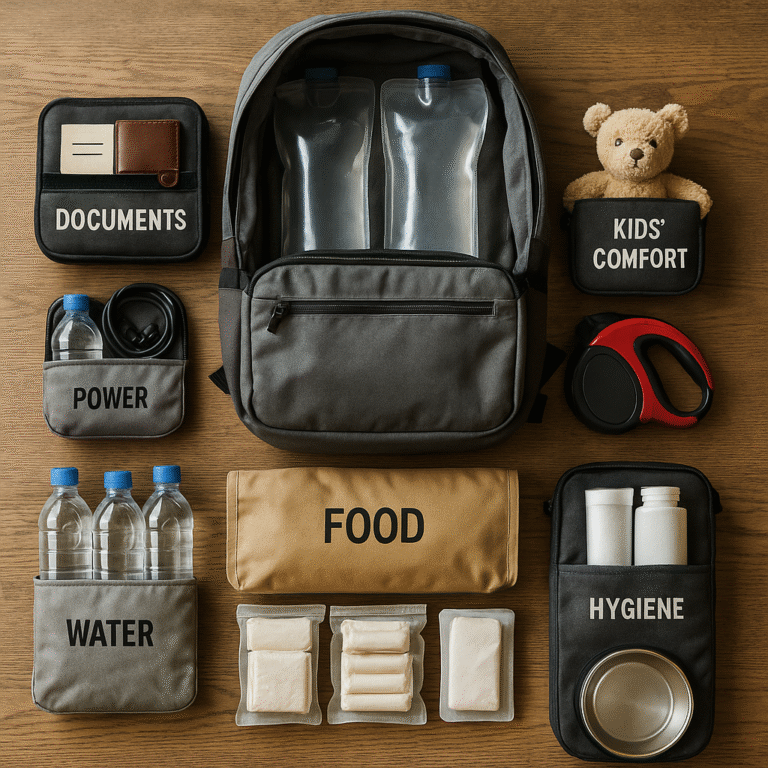 Hurricane mergency supplies organized in backpack. Hurricane go bag.