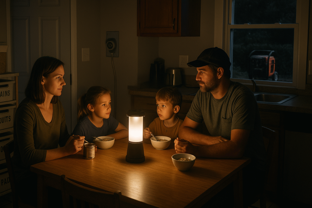 family sitting around table in the dark. How to live without power for 72 hours