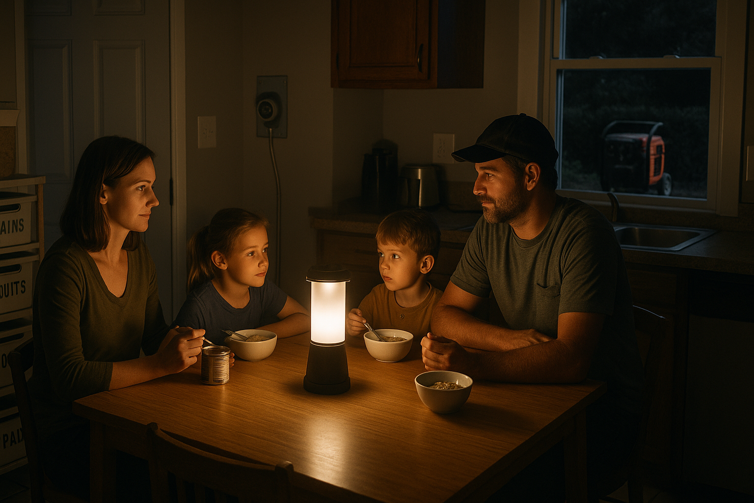 family sitting around table in the dark. How to live without power for 72 hours