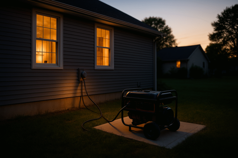 house with a generator in the yard. Standby vs Tri-Fuel Portable Generator