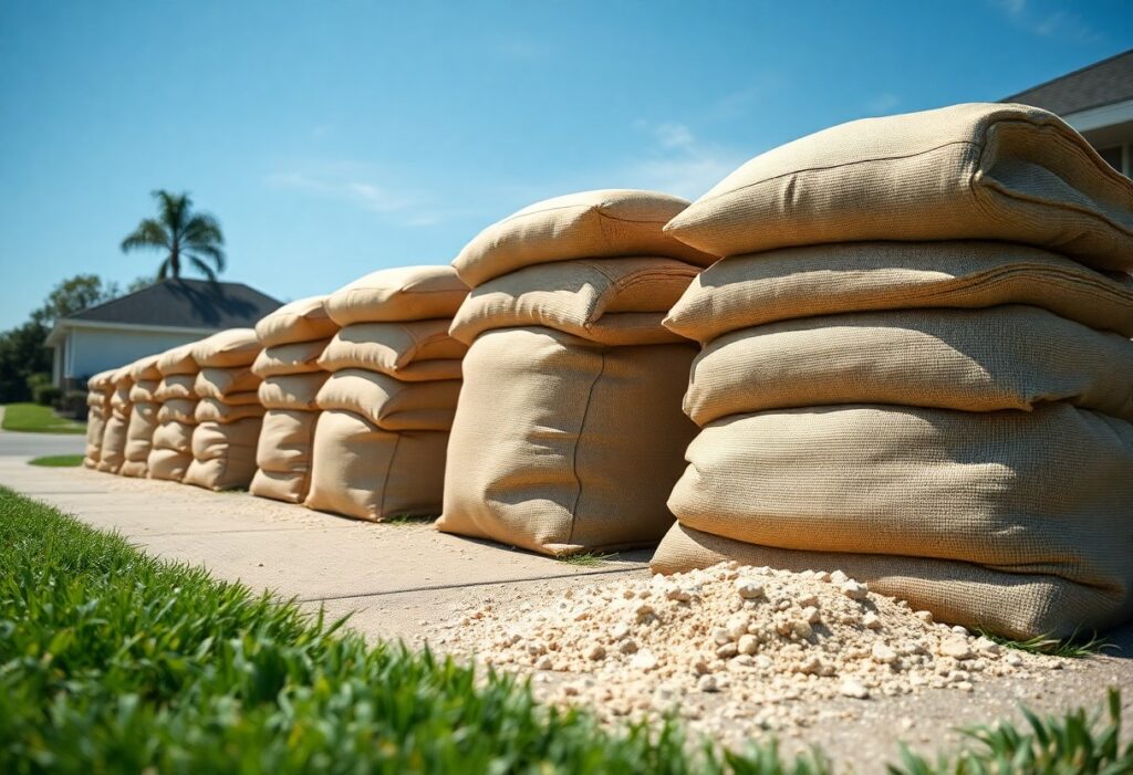 Sandbags stacked in a line. DIY Sandbag setup for flood prevention